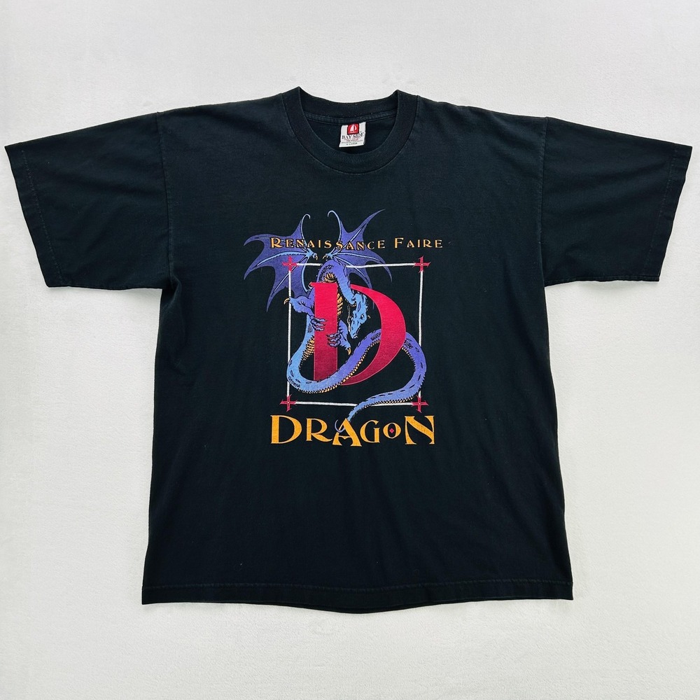 Renaissance Faire Dragon Shirt Mens XL Black Graphic Tee Made in USA Bayside